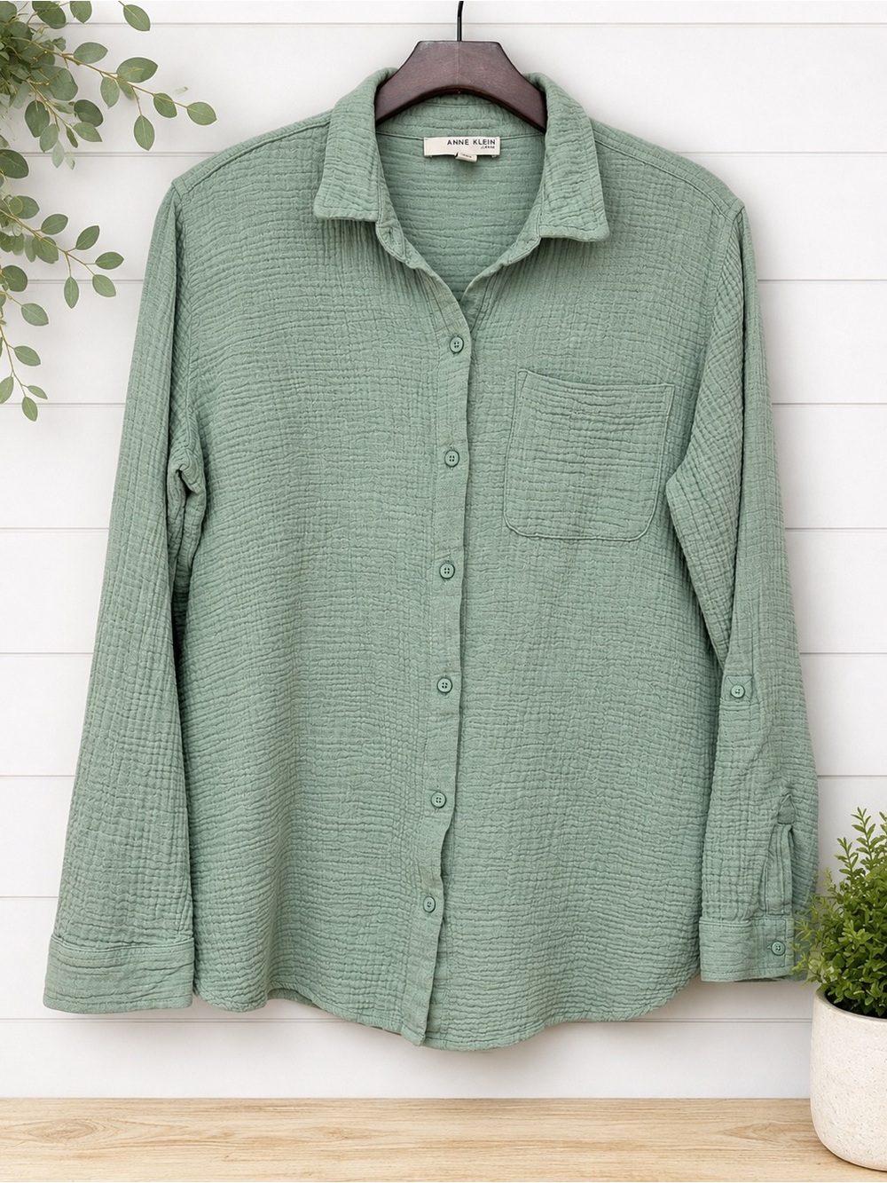 Anne Klein Sage Green Button-Down Textured Shirt